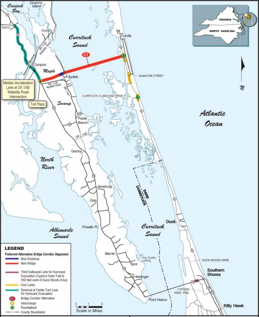 NCOT map showing Mid Currituck Bridge location associated road projects.