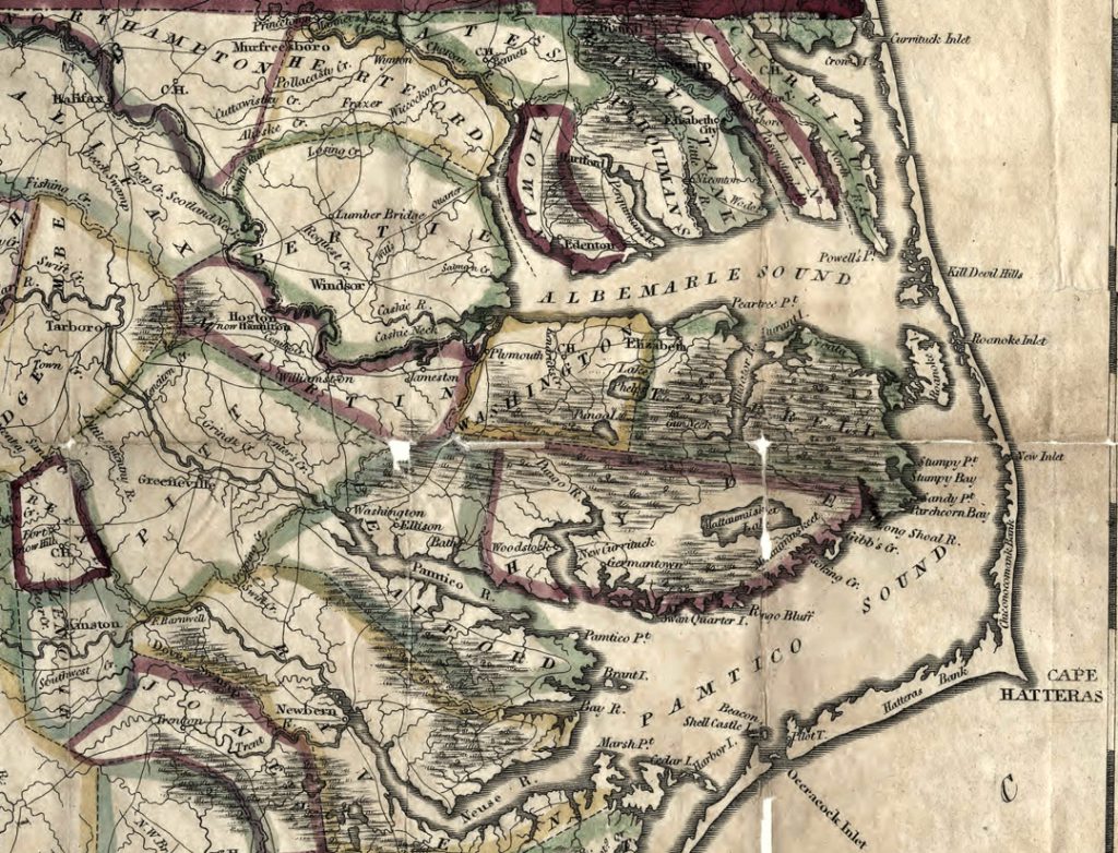 Section of an 1822 map of coastal North Carolina showing three inlets that no longer exist, and no inlets where two are now located.