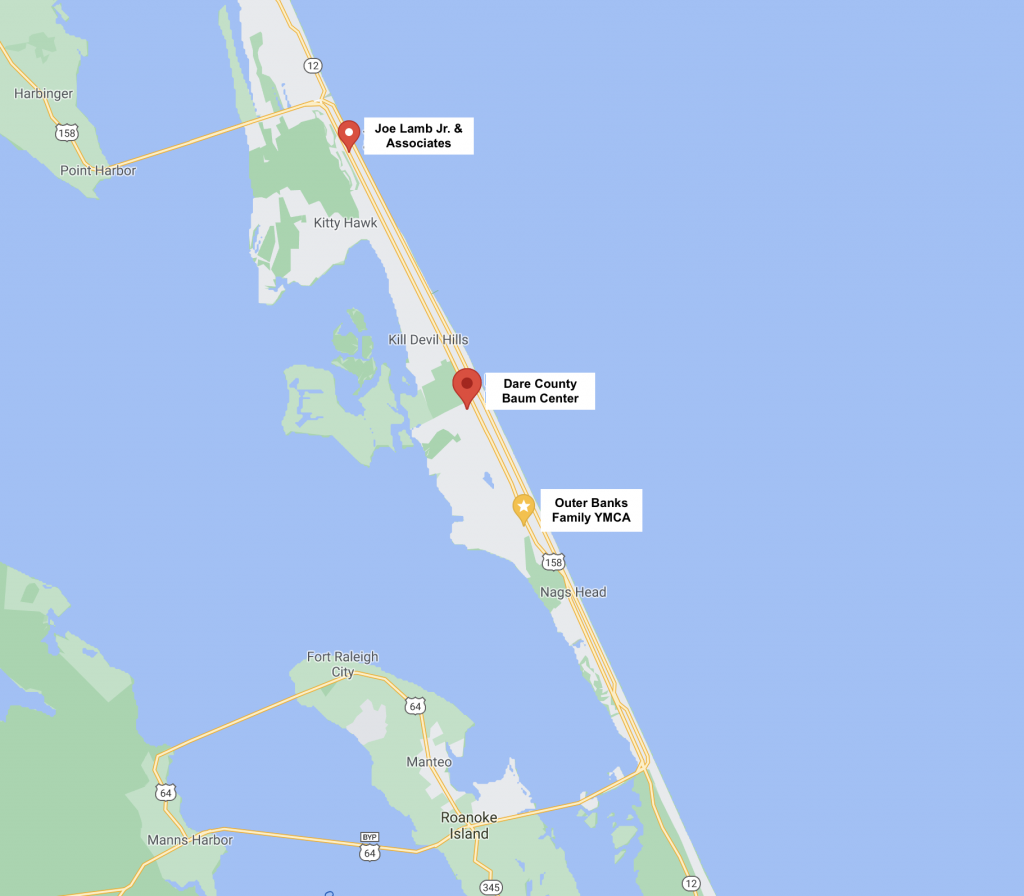 map showing three drop off locations for recycling, Dare County Baum Center, Outer Banks Family YMCA & Joe Lamb Jr & Associates on map of the Outer Banks, NC