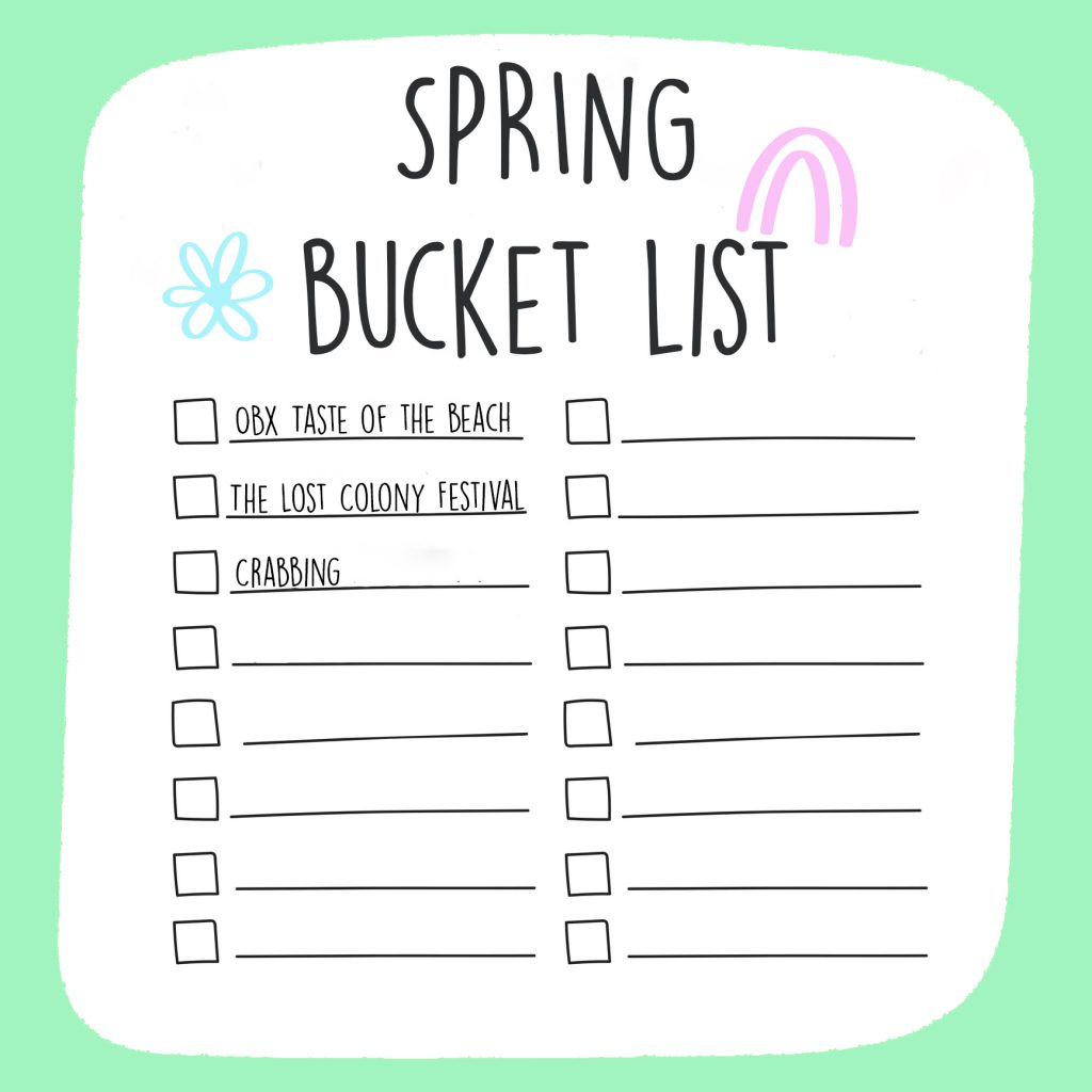 Handdrawn bucket list, spring bucket list, crabbing, The Lost Colony Festival, OBX Taste of the Beach