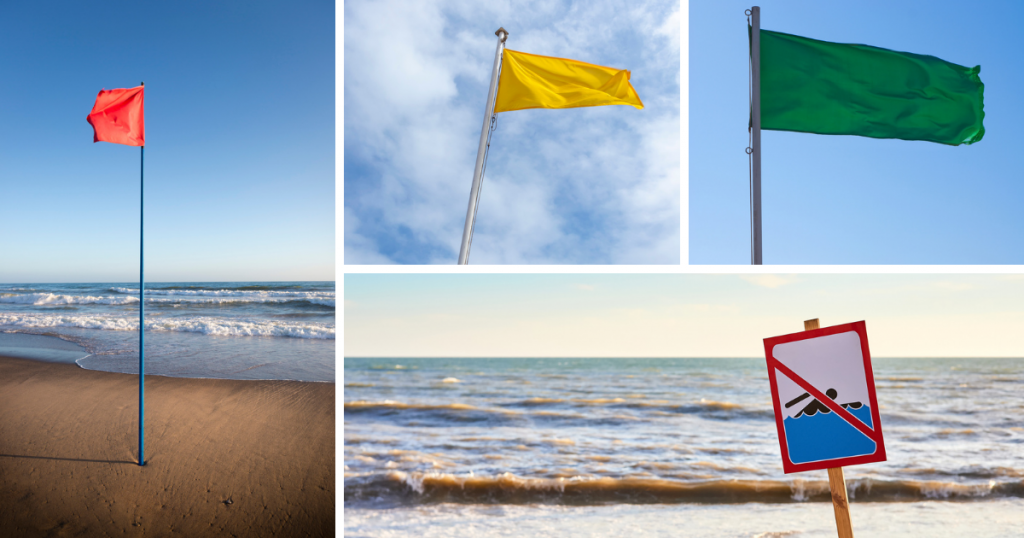 A collection images that shows various beach safety flags. From top left and going right Green for calm, yellow for moderate and red for hazardous
