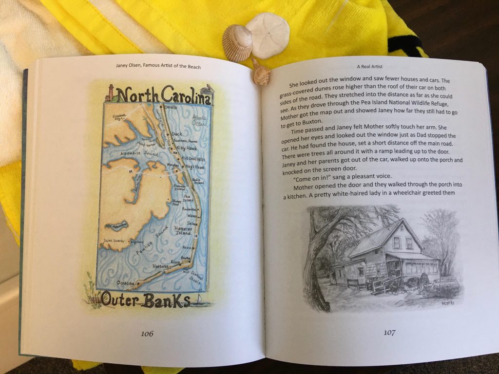 Photo of book showing a little feature of book with a picture of the Outer Banks and a picture of Unit 016