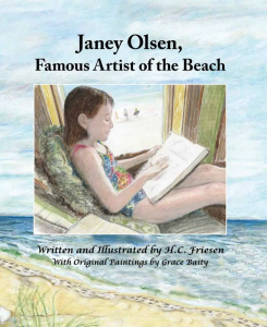 Picture of book cover with young girl drawing and window in background showing people walking on the beach