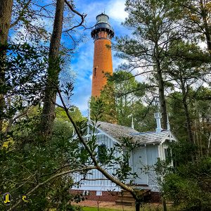A tall lighthouse under the cover of surrounding trees