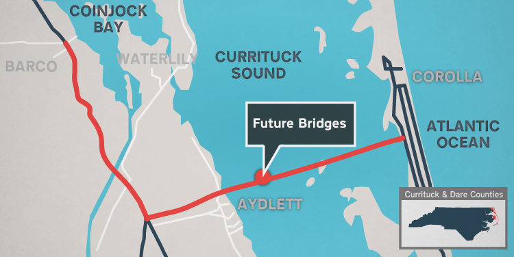 Proposed route of the Mid Currituck Bridge.