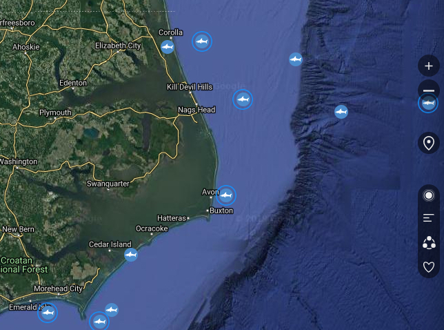Section of an OCEARCH map showing some of the sharks that have pinged off the Outer Banks.