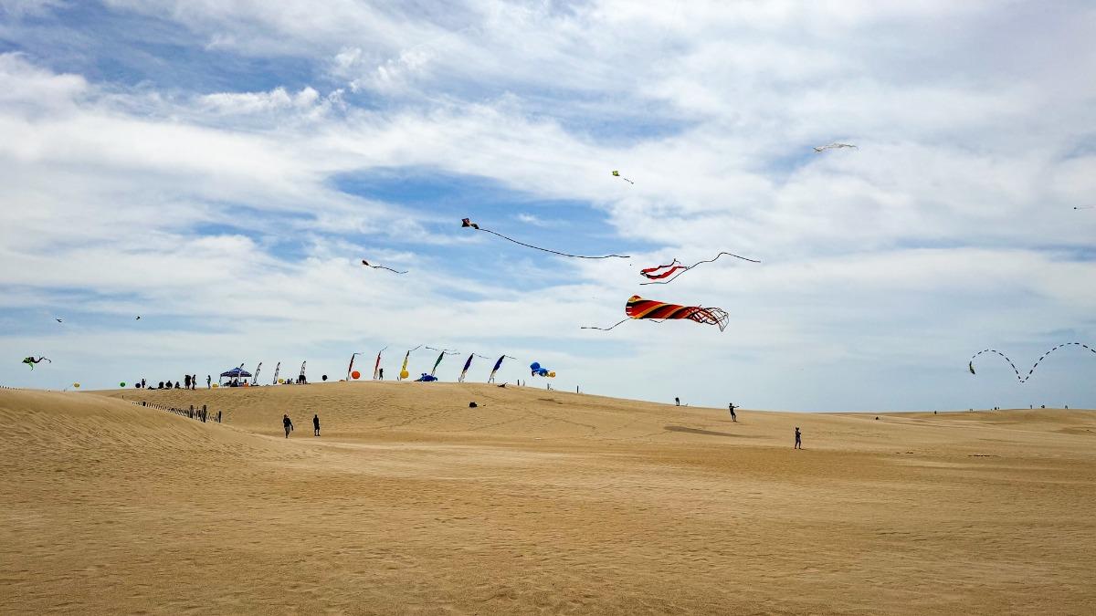 people flying kites on a sand dune during a festival