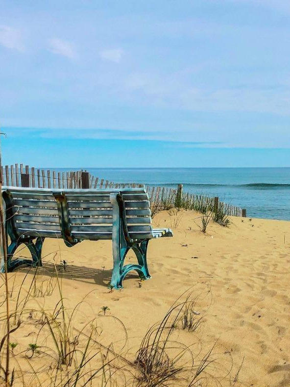 an empty bench on the beach looking at the ocean